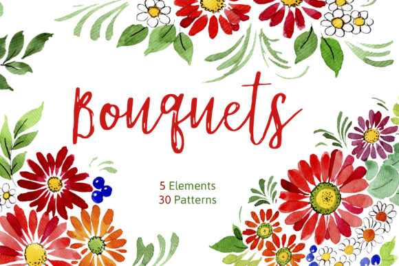 Bouquet of Flowers Frederick Red Watercolor Illustrations