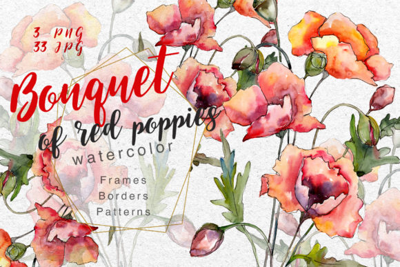 Bouquet of Red Poppies PNG Watercolor Set for Brand Identity