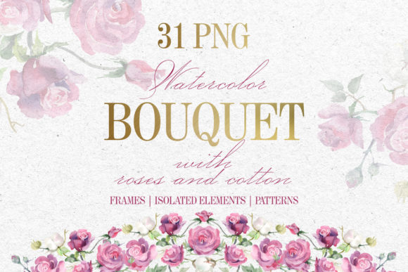 Bouquet with Roses and Cotton Watercolor Illustrations for Real Crafting