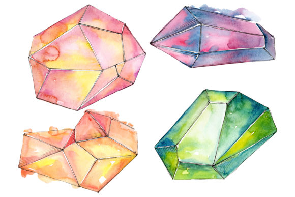 Crystals Orange and Green Watercolor Illustrations for Digital Sellers