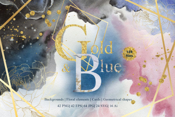 Gold and Blue Watercolor Set: A Versatile Illustrations Asset for Content Creators